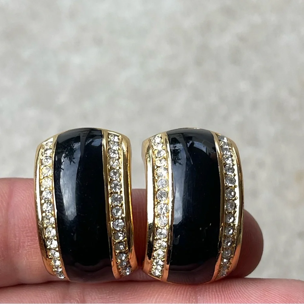 Vintage Gold Black Enamel pierced Earrings Rhinestone accents
